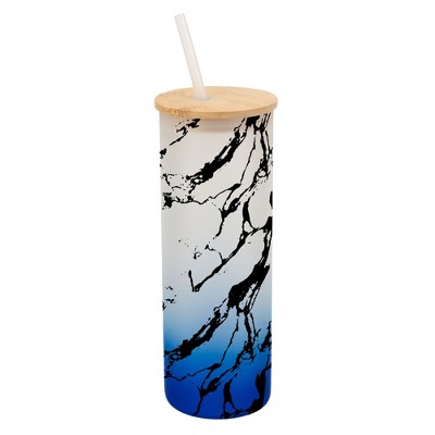 Elanze Designs Marble Abstract Texture Wrap-Around Design 25 Ounce Frosted Gradient Glass On-The-Go Coffee Travel Skinny Tumbler Mug Cup, Bamboo Lid