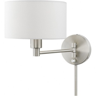 Transitional Brushed Nickel Swing Arm Wall Lamp with Off-White Shade