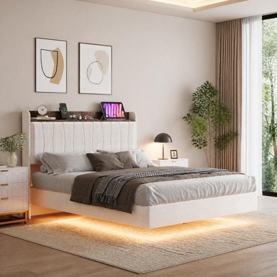Floating Bed Frame with Upholstered Headboard, Hidden Toe-Safe Legs ...