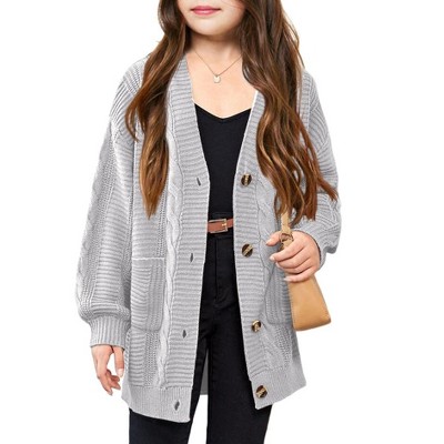 Children'S Cardigan  Sweaters Long Sleeve Cable Knit Button Down Casual Chunky Outwear Coats with Pocket
