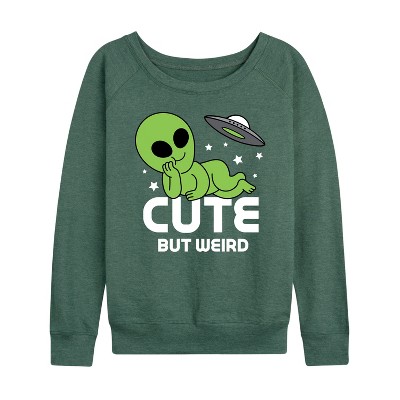 Women's - Instant Message - Alien Cute But Weird Lightweight French Terry Wide Neck Long Sleeve Graphic Shirt