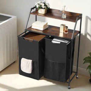 Laundry Sorter, Large Laundry Hamper with Metal Frame and Wooden Tabletop, Freestanding Storage Organizer Baskets with Pull-Out - 1 of 4