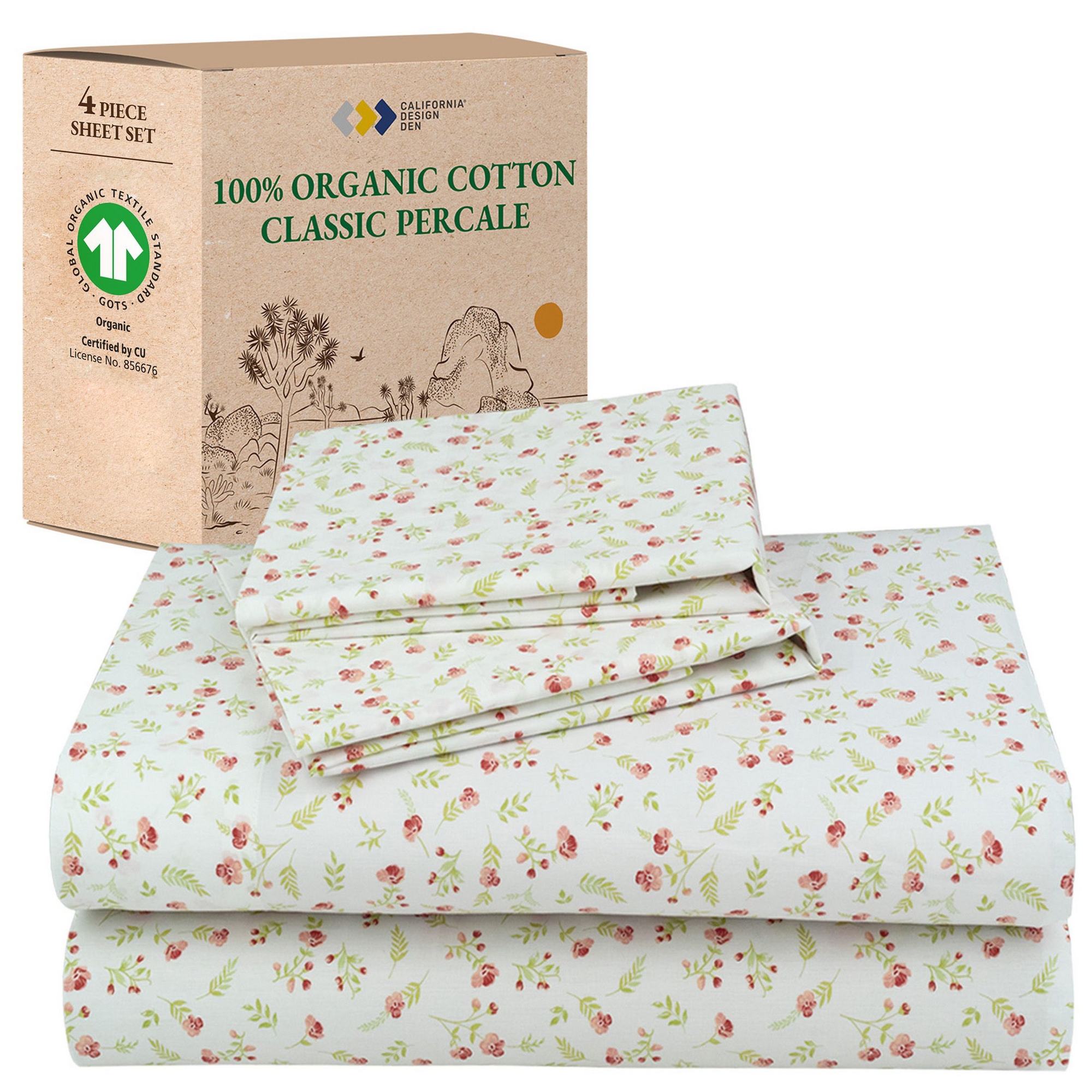 California Design Den 4-Piece Printed Queen Bed Sheets Set - 100% Organic Cotton Percale, Deep Pocket, - Floral