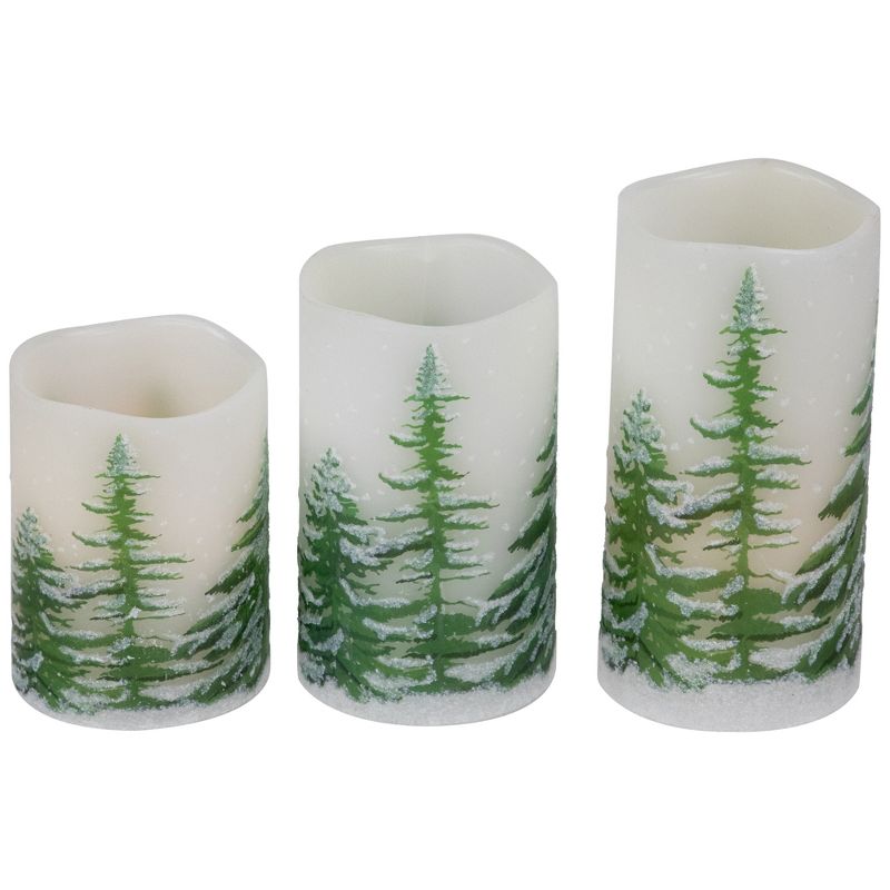 Northlight Set of 3 Flameless Frosted Pines Flickering LED Christmas Wax Pillar Candles 6", 4 of 7