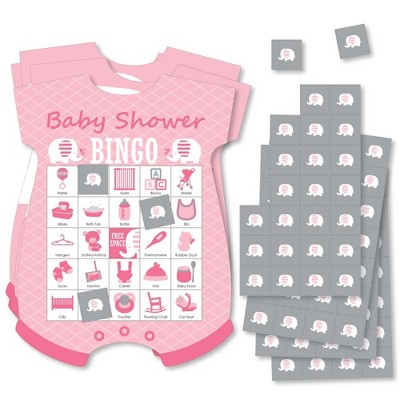 Big Dot of Happiness Pink Elephant - Picture Bingo Cards and Markers - Girl Baby Shower Shaped Bingo Game - Set of 18
