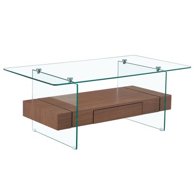FURNIinspire Coffee Tables 2 Tier with Clear Tempered Glass and Dark Wood Grain Storage Design for Living Room, Dark Brown, 43.3"*23.6"*16.7"