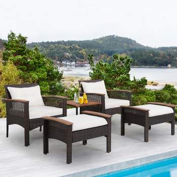 Tangkula 5 PCS Patio Rattan Sofa Set Outdoor Wicker Conversation Set w/ Coffee Table & Cushion