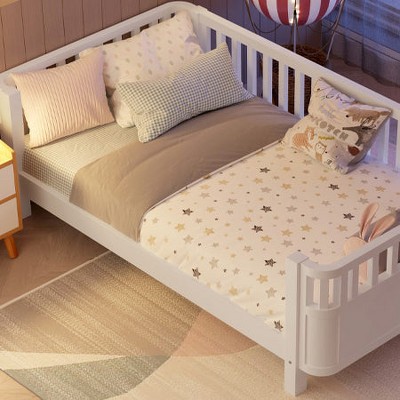 Hrinhom 77.4"W Twin Size Wood Platform Bed,Low Profile Twin Bed with Rails