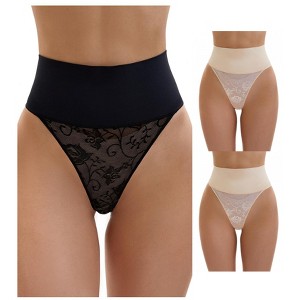INSPIRE CHIC Women's 3 Packs High Waisted Tummy Breathable Elastic Lace Firm Control Thong Shapewear - 1 of 4
