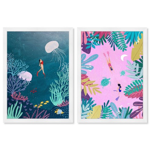 15 X 21 (set Of 2) Boho Plants And Ocean Framed Wall Art Prints Pink -  Wynwood Studio : Target