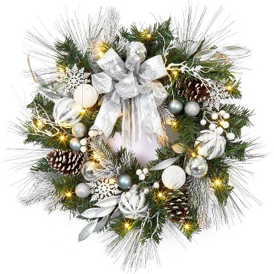 Christmas Wreath with 30 LED Lights Silver White Ornaments Pre-Lit Holiday Door Decoration