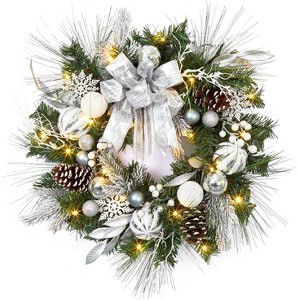 COZONY 16/24/30" Pre-Lit Christmas Wreath with 40 LED Lights – Silver & White Ornaments, Timer, 8 Modes, Holiday Door Decoration - 1 of 4