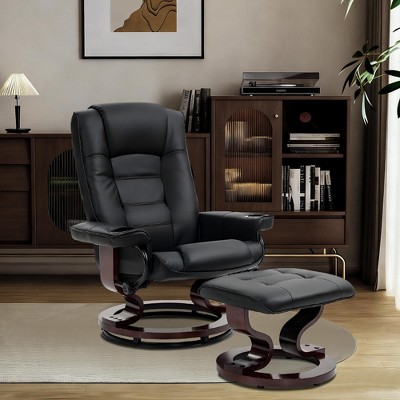 Bosmiller Recliner Chair with Ottoman, Swivel Wood Base, Accent Chair, Faux Leather Lounge Chair with Footrest for Living Room and Bedroom, Black