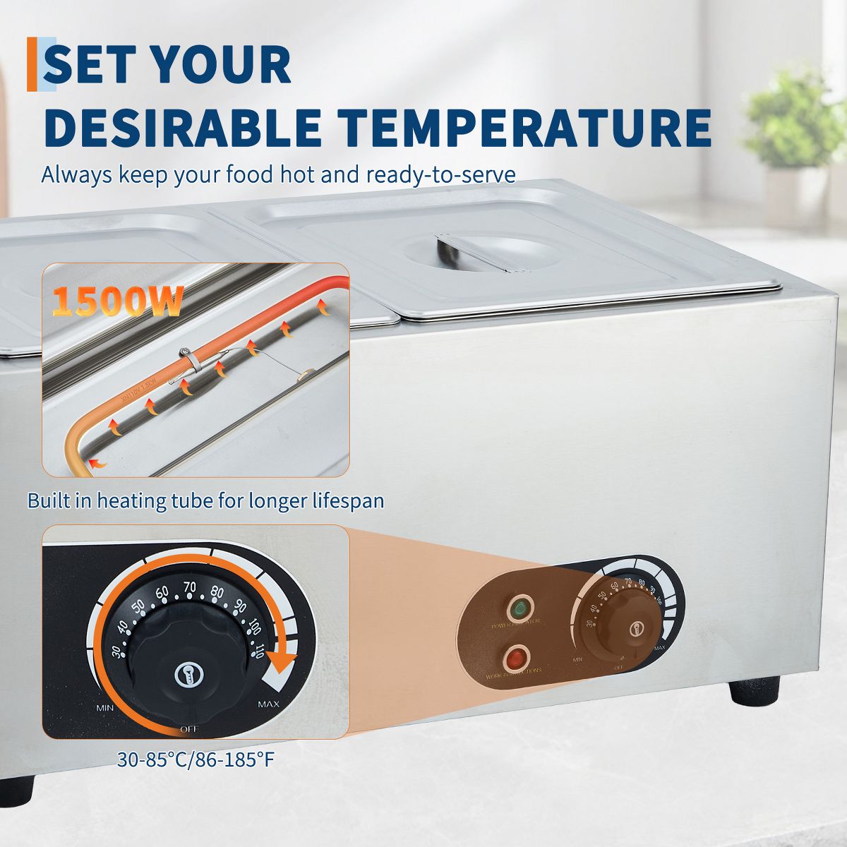 Stainless Steel Commercial Food Warmer Buffet Server, 6 Pan Electric Bain Marie Station, Fast Heating for Restaurant Catering Hotel Banquet - thumbnail 6