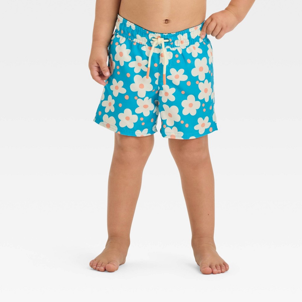 Photos - Swimwear Baby Boys' Floral Printed Swim Shorts - Cat & Jack™ Blue 12M: UPF 50+ Recy