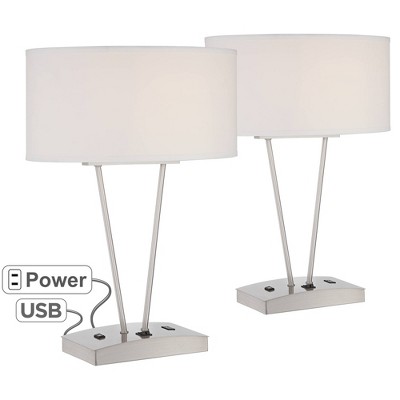 Possini Euro Design Modern Table Lamps Set of 2 with Hotel Style USB and AC Power Outlet in Base Silver White Oval Shade Living Room Family