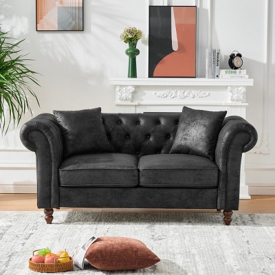 66" Chesterfield 2 Seater Sofa,Classic Rolled Arm Loveseat with Stain Resistant Tech Fabric & Button Tufting for Living Room-Baofuwish