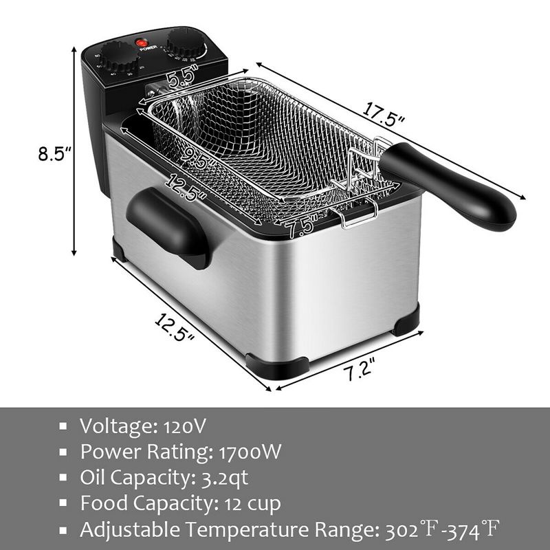 Costway 3.2 Quart Electric Deep Fryer 1700W Stainless Steel Timer Frying Basket, 3 of 11