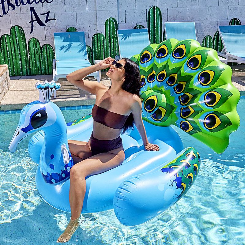 Syncfun 66"  Ride On Pool Float Peacock Giant Green Inflatable Peacock Ride on Raft for Swimming Pool, Beach Floaties Raft, 2 of 9