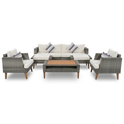 FURNIinspire Patio Seating Sets 6-Pieces Wicker Sofa Set, Outdoor Sofa Set For Backyard, Patio Sofa And Coffee Table, Beige, 89“*29”*29“