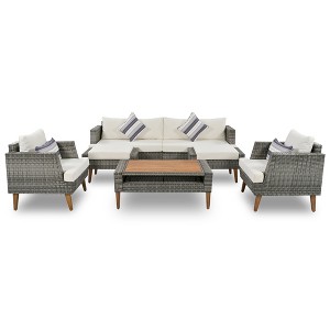 FURNIinspire Patio Seating Sets 6-Pieces Wicker Sofa Set, Outdoor Sofa Set For Backyard, Patio Sofa And Coffee Table, Beige, 89“*29”*29“ - 1 of 4