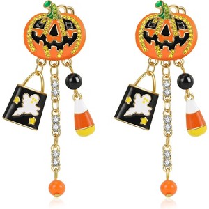 Sparkling Rhinestone Halloween Earrings - Smiling Pumpkin, Spider & Ghost Dangle Drop Jewelry for Women - 1 of 4