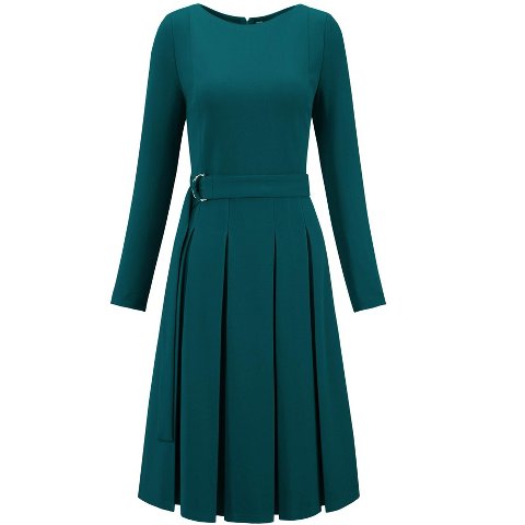 Женские платья INSPIRE CHIC Women's Long Sleeve Pleated Crew Neck Belted Office Work A-Line Dress Blue Green X-Large