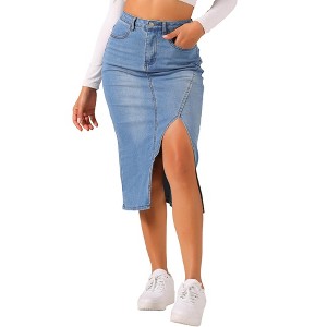 Allegra K Women's Casual High Waisted Front Slit Midi Length Denim Skirt - 1 of 4