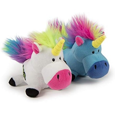 goDog (2 Count Magical Creatures Unicorn Squeaky Plush Dog Toy, Chew Guard Technology - Blue/White, Small