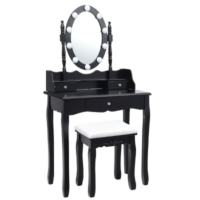 Tangkula Mirrored Vanity Table Set Lighted Makeup Dresser w/ Drawers