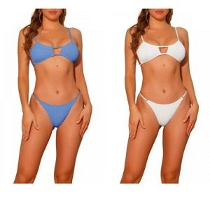 Elerevyo Women's 2 Piece Ribbed Solid Color Bikini Sets, Spaghetti Strap Backless Swimwear Bathing Suit Swimsuit 2 Sets - 1 of 4