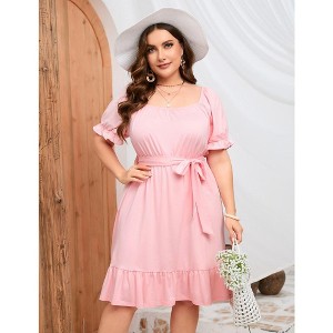YesFashion Women's Summer Plus Size Dress Casual Short Sleeve Square Neck Dress Ruffle A Line High Waist Midi Dress with Belt - 1 of 4