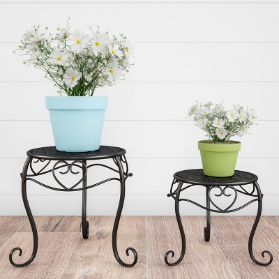 Nature Spring Plant Stands Set of 2 Indoor/Outdoor Nesting Wrought Iron Inspired Metal Round Decorative Potted Plant Display
