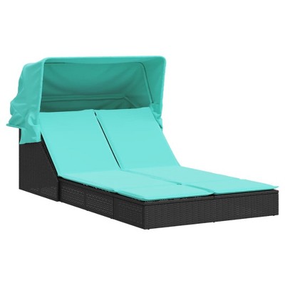vidaXL Black Poly Rattan Double Sun Lounger with Canopy and Turquoise Cushions