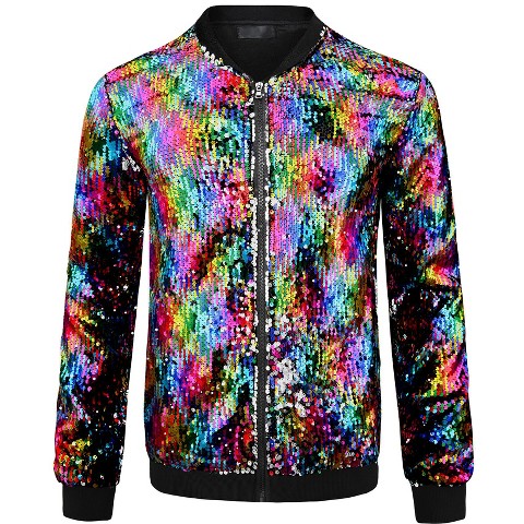 Lars Amadeus Men's Zip Up Long Sleeves Party Disco Sparkly Sequin Bomber Jacket Multicolor Large