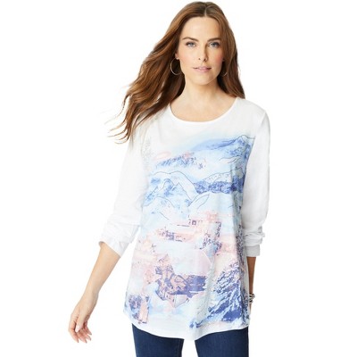 Roaman's Women's Plus Size Travel Graphic Long Sleeve Tee