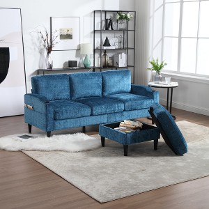 SeaCamel 3-Seat Solid Wood Chenille Sofa, Cup Holders & Storage Ottoman, Cozy Sectional for Living Room - 1 of 4