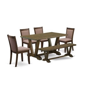 HomeStock 6-Piece Rectangle Distressed Jacobean Finish Solid Wood Top Dining Table with 1-Bench, 4-Chairs - 1 of 4