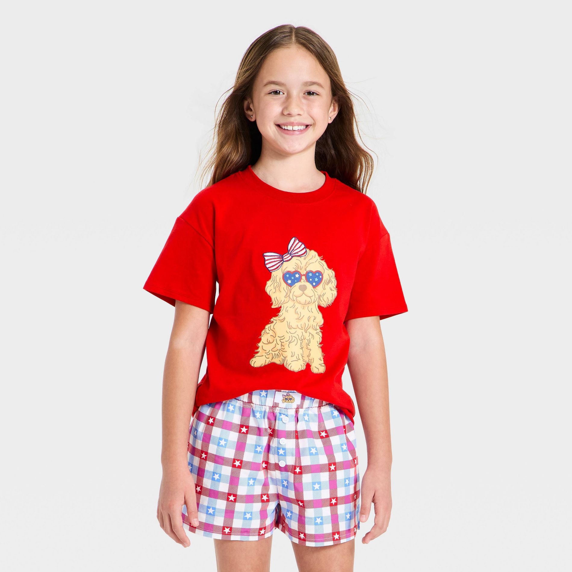 Girls' Dog with Glasses Oversized Short Sleeve Graphic T-Shirt - Red