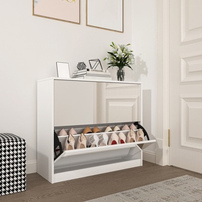 Mirror Shoe Cabinet With Flip Drawers, Narrow Hidden Shoe Storage Cabinet, Freestanding Shoe Rack for Closet Hallway Entryway Small Spaces