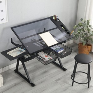 Adjustable tempered glass drafting printing table with chair - 1 of 4