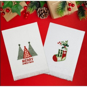 American Soft Linen Christmas Towels Bathroom Set, 2 Packed Embroidered Decorative 100% Cotton Hand Towels, Dish Towels for Decor Xmas - 1 of 4