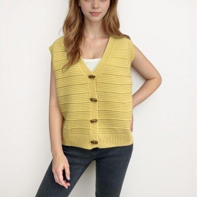 Anna-Kaci Women's Sleeveless Knit Button Down Vest with Ribbed Hem and Wooden Button Details