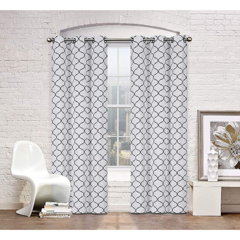 Kate Aurora Contemporary Living 2 Pack Gray And White Trellis Clover Window Curtains - 38 in. W x 84 in. L, 2 of 4