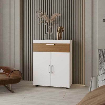 SKRAN Shoe Storage Rack: Pneumatic Lift-Up Compartment & Dual Doors - 35.4" H x 27" W Compact Particle Board - Space-Saving for Small Bedrooms,Oak