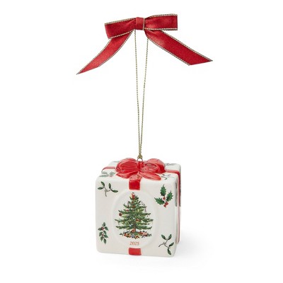 Spode Holiday Gift Box Ornament 2025 - Hand Painted Dolomite Christmas Ornament with Printed Year, Gift Box Figurine Holiday Décor
