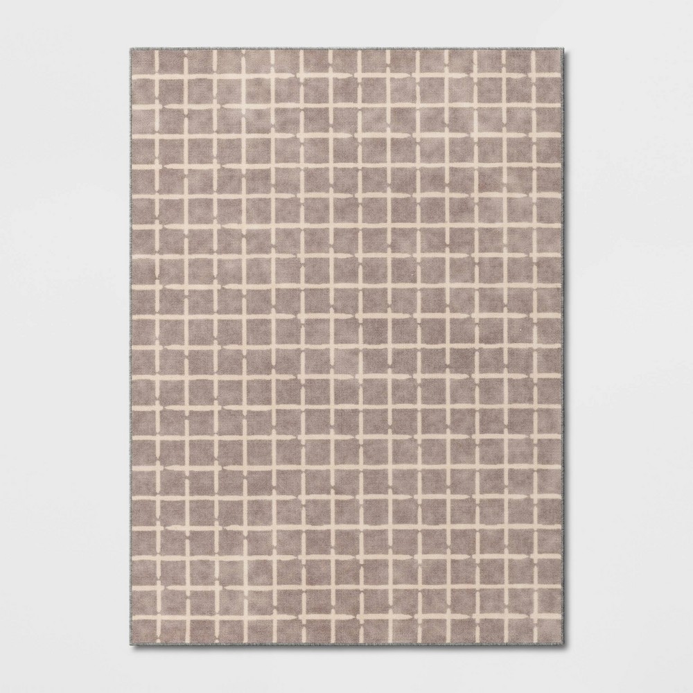 Photos - Doormat 4'x5'6" Washable Small Checkered Area Rug Gray - Room Essentials™