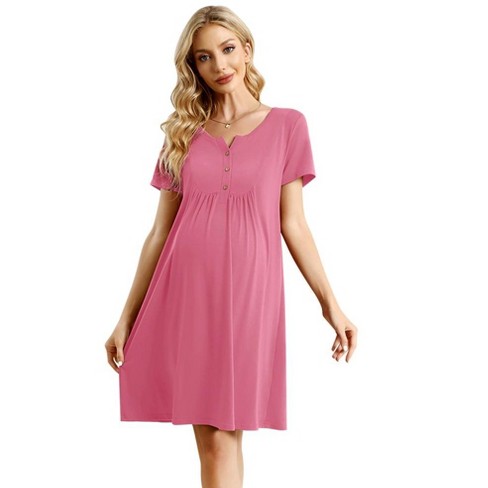 WhizMax Womens Maternity Dress Short Sleeve Mini Summer Dresses Nursing Casual Solid Color Button Down Breastfeeding Dress Pink M