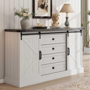 Farmhouse 4 Drawer Dresser for Bedroom, 59" Wood Dressers with Sliding Barn Doors, TV Stand with Large Drawers & Bar Handles, White Dressers - 1 of 4
