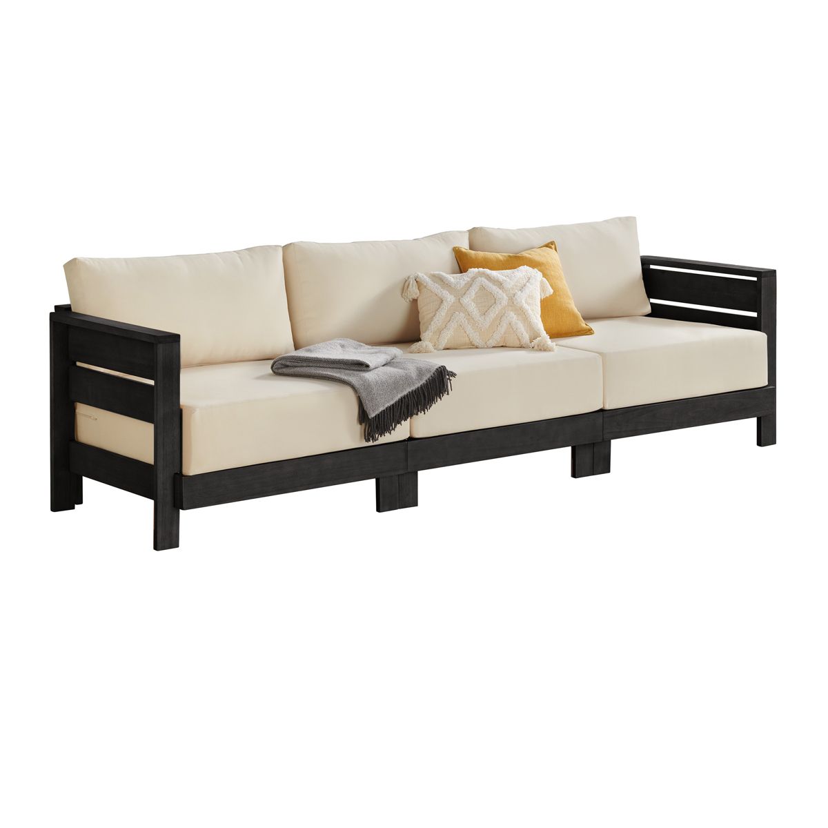 Alaterre Furniture Barton 3 Seater Outdoor Patio Sofa - Weather-Resistant Eucalyptus Wood Outdoor Couch with Thick Cream Cushions - (Black)